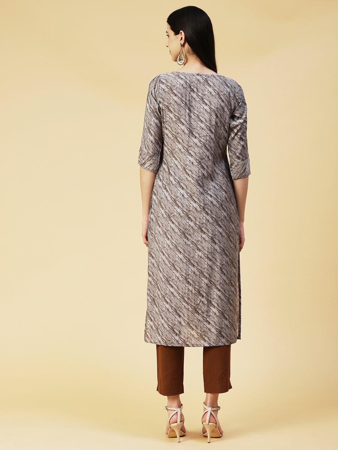 Textured Printed Resham & Sequins Embroidered Kurta - Steel Grey - Indiakreations