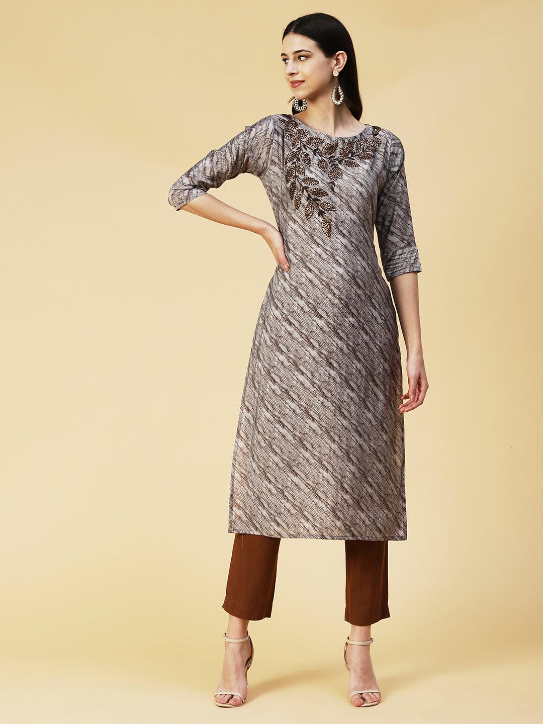 Textured Printed Resham & Sequins Embroidered Kurta - Steel Grey - Indiakreations