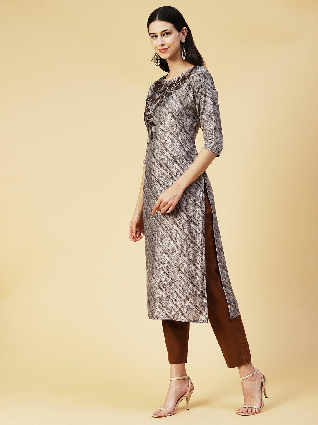 Textured Printed Resham & Sequins Embroidered Kurta - Steel Grey - Indiakreations