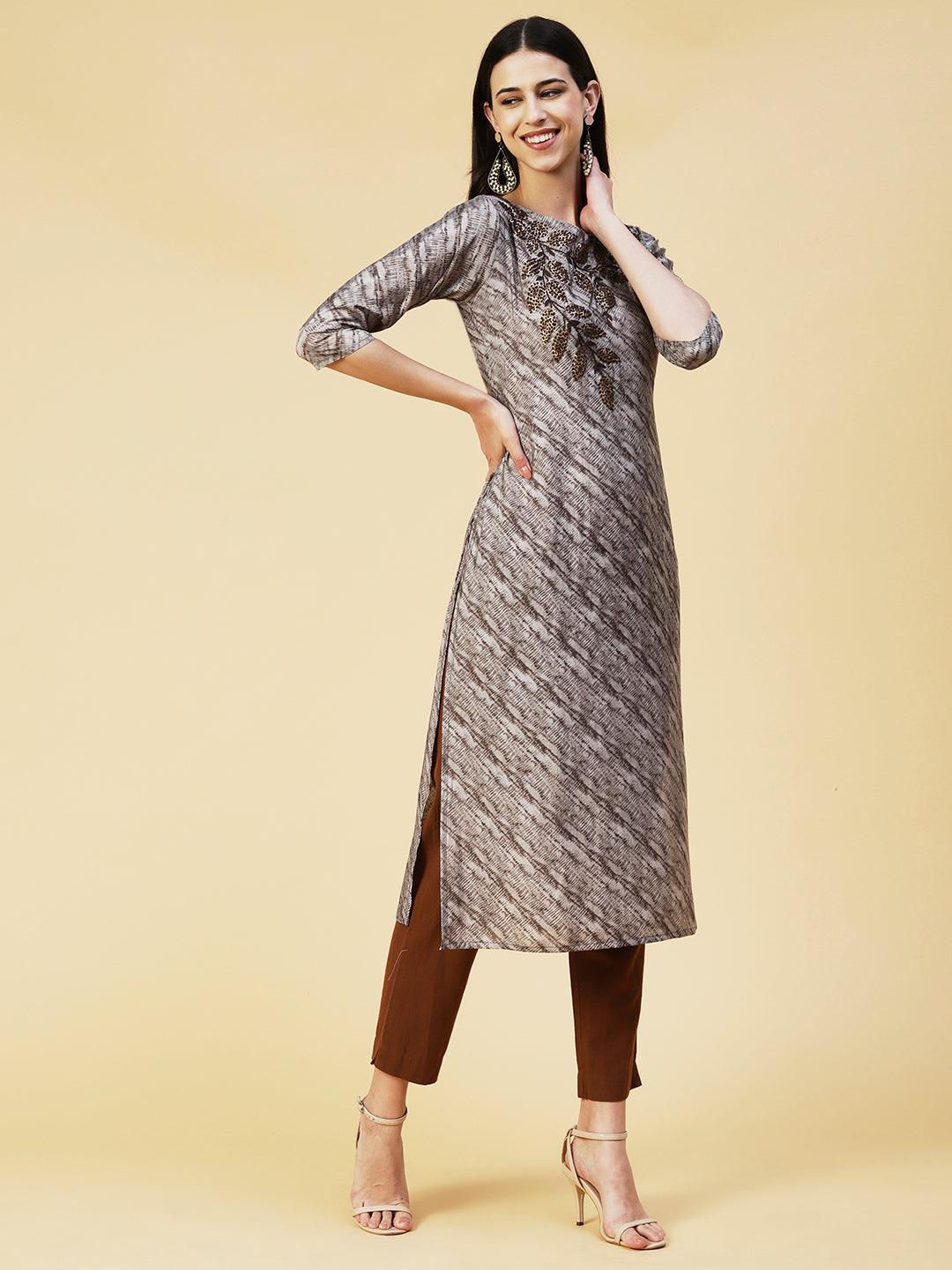 Textured Printed Resham & Sequins Embroidered Kurta - Steel Grey - Indiakreations