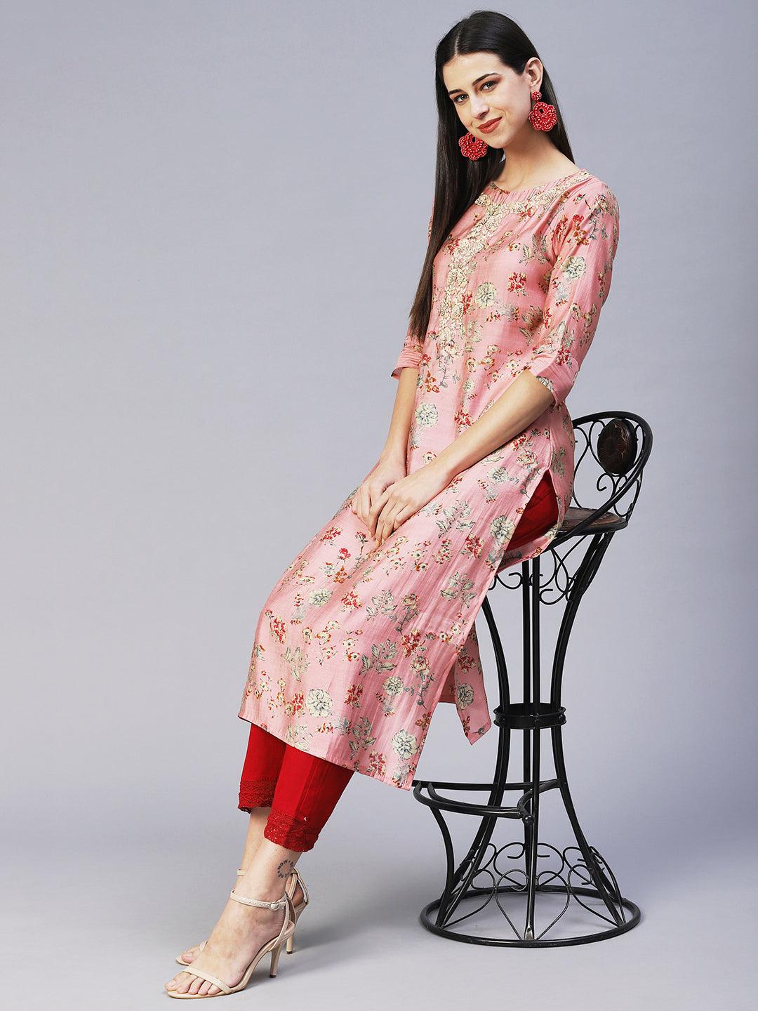 Floral Printed Hand Embroidered Kurta - Rose Pink - Indiakreations