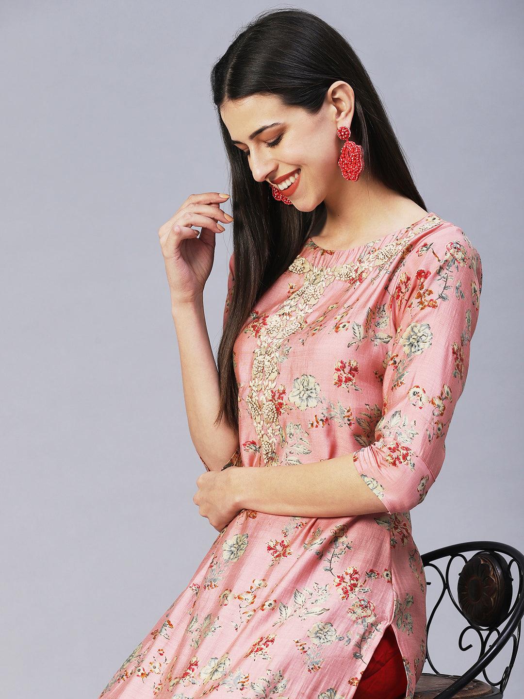 Floral Printed Hand Embroidered Kurta - Rose Pink - Indiakreations