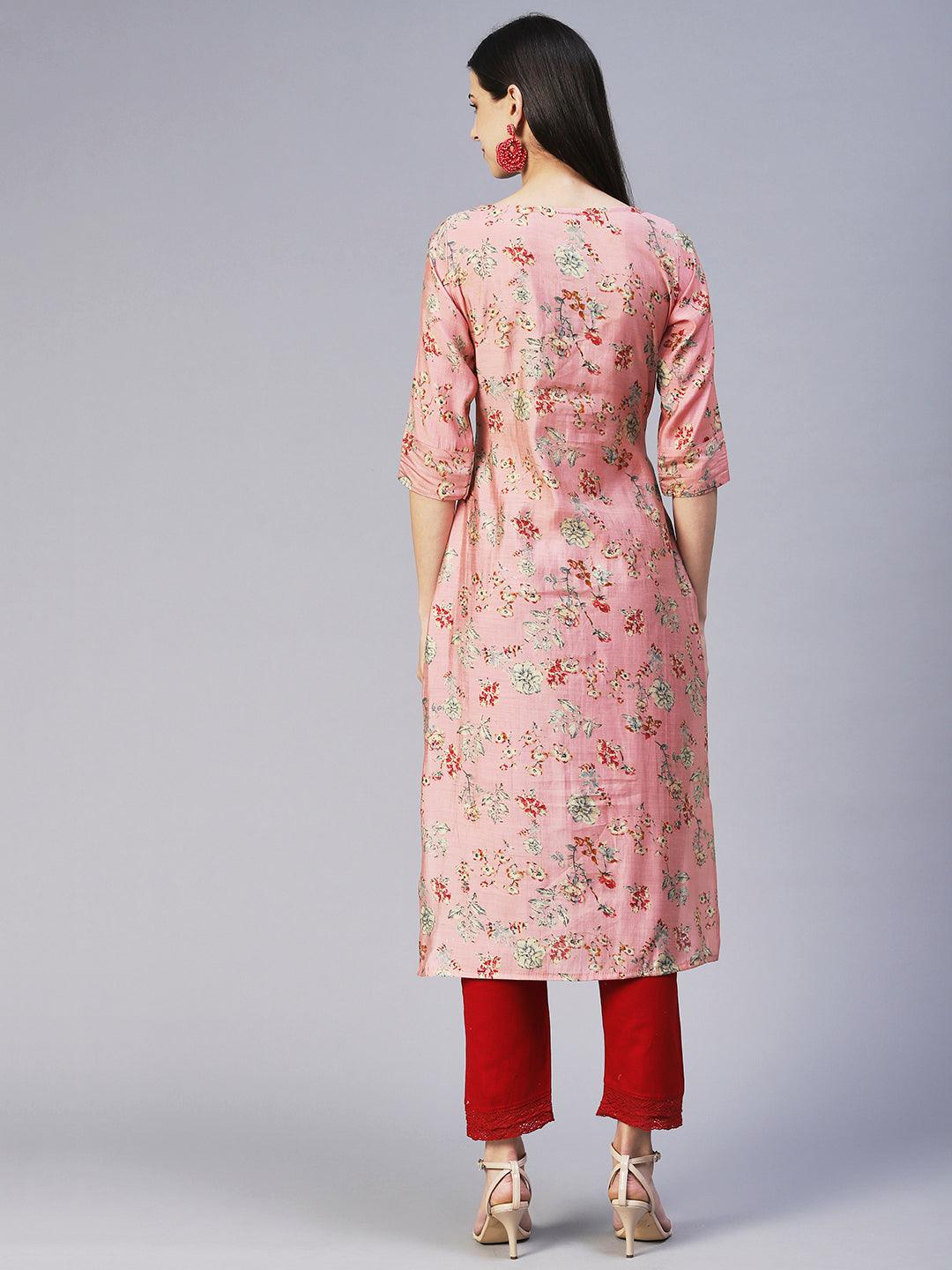 Floral Printed Hand Embroidered Kurta - Rose Pink - Indiakreations