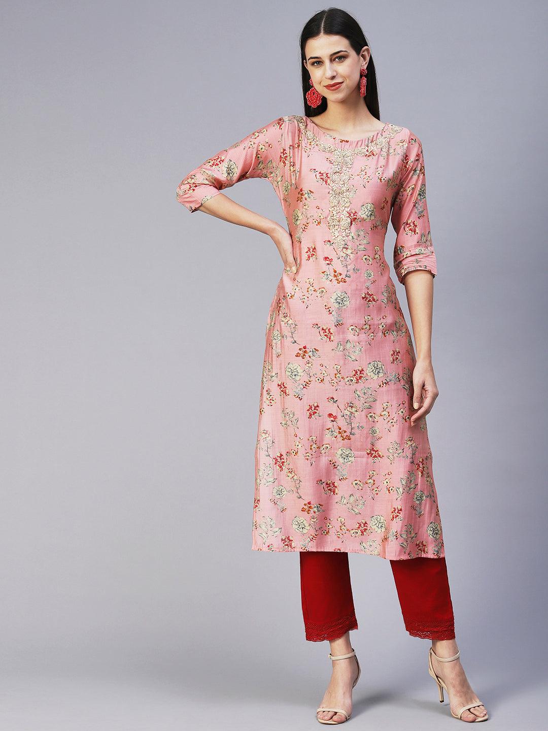 Floral Printed Hand Embroidered Kurta - Rose Pink - Indiakreations