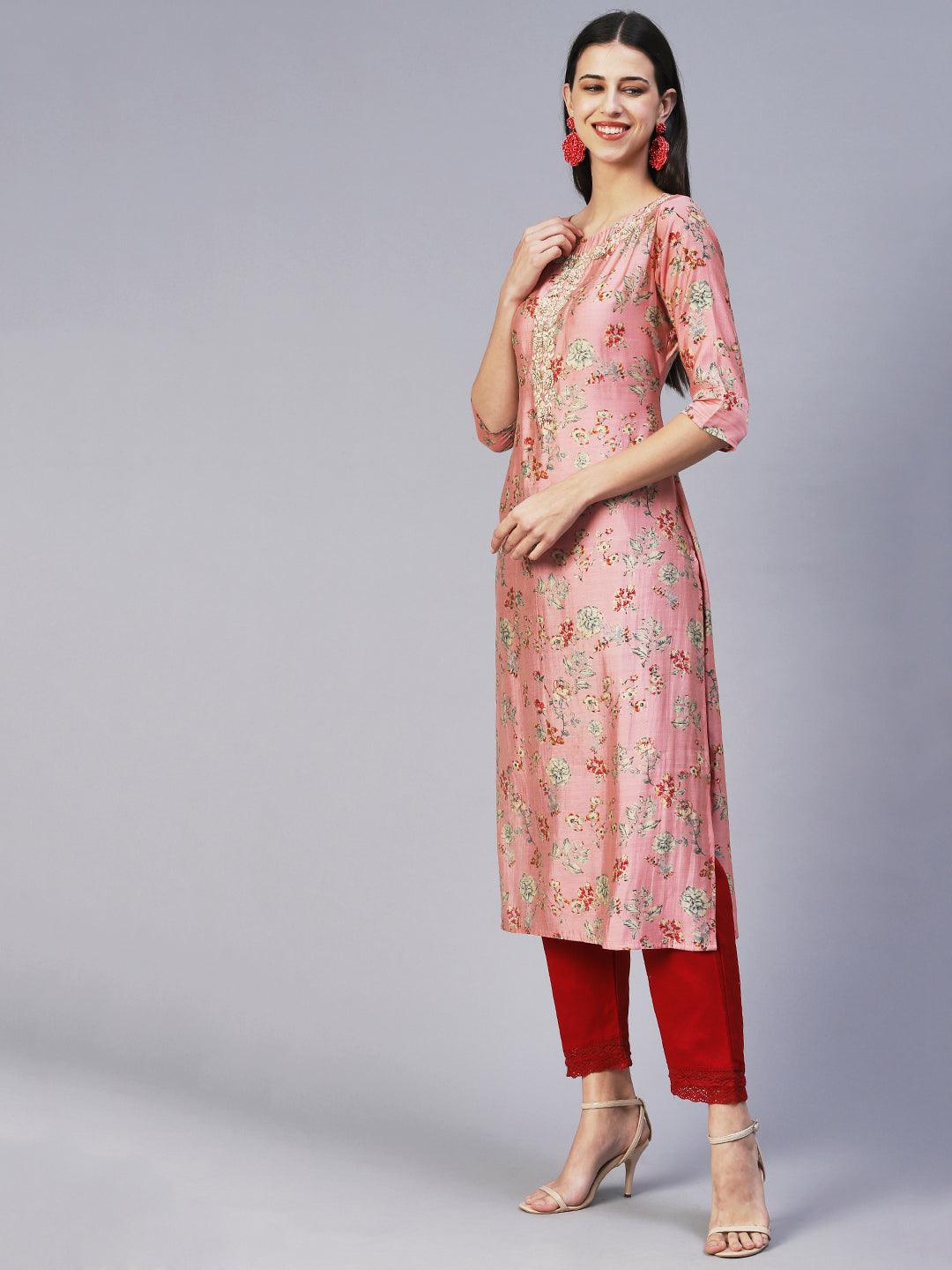 Floral Printed Hand Embroidered Kurta - Rose Pink - Indiakreations