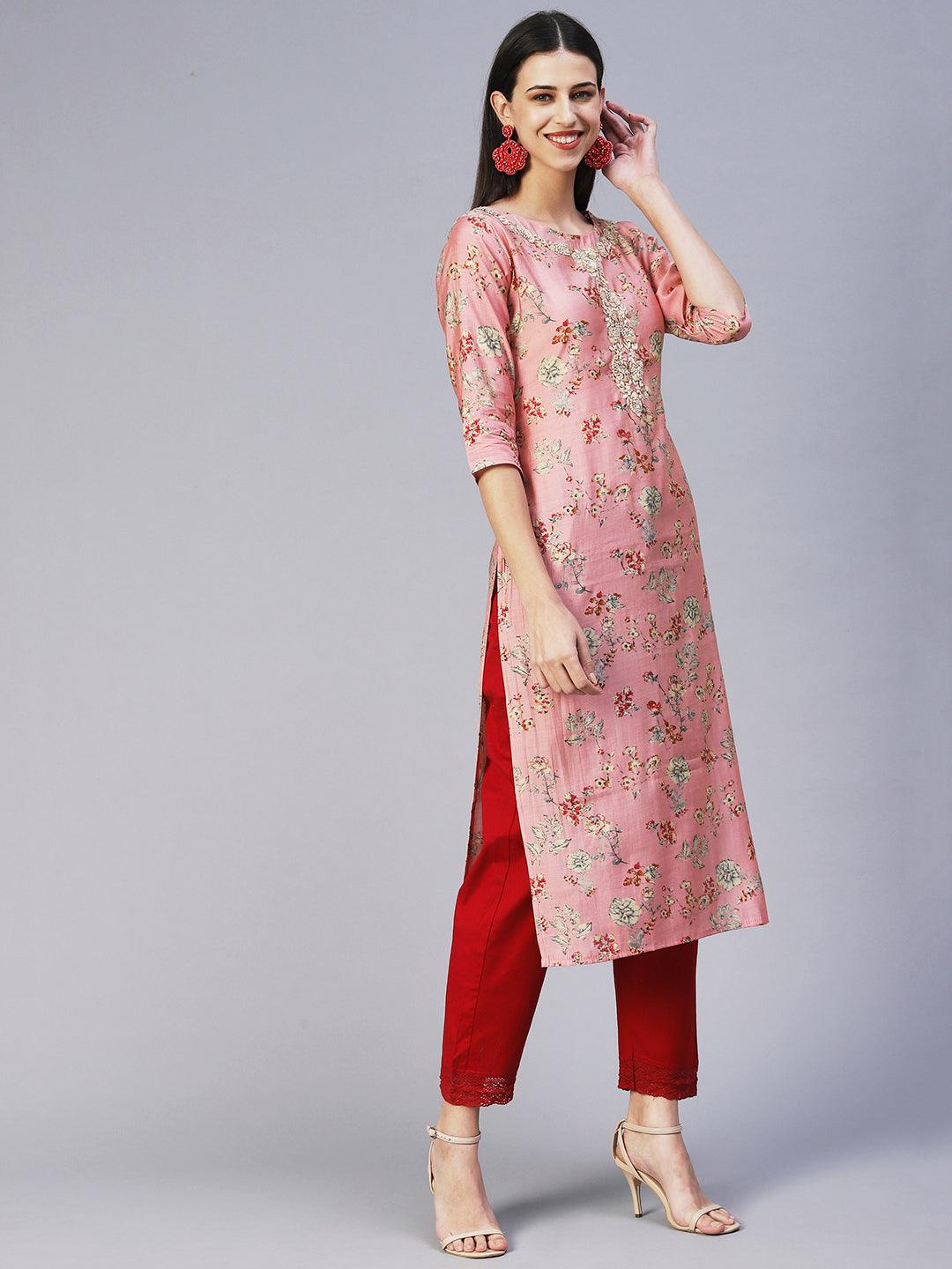 Floral Printed Hand Embroidered Kurta - Rose Pink - Indiakreations