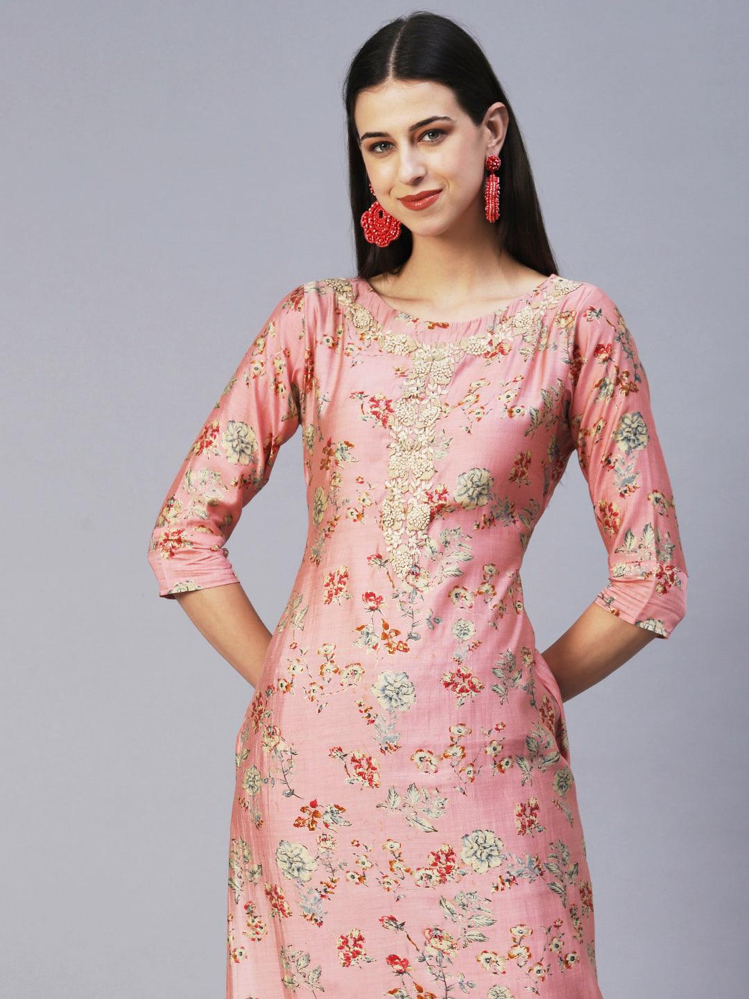 Floral Printed Hand Embroidered Kurta - Rose Pink - Indiakreations