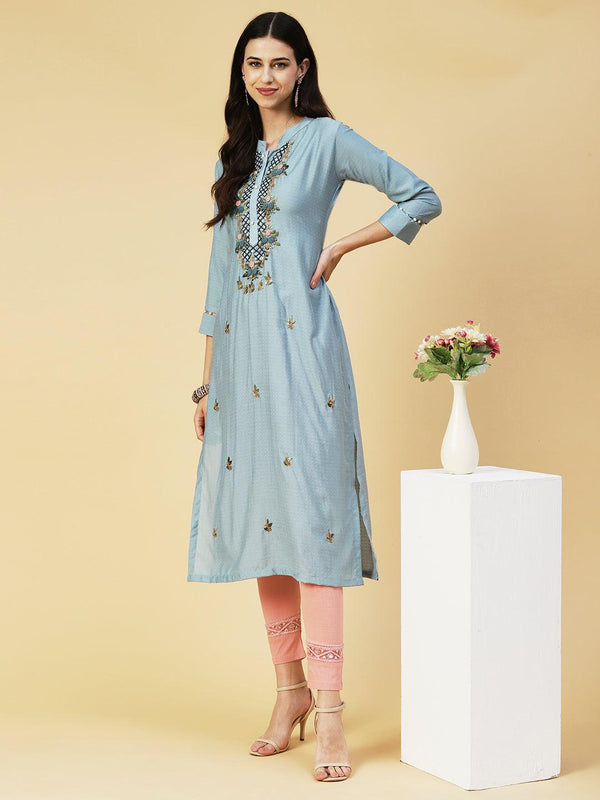 Solid Resham French Knot & Sequins Embroidered Kurta - Powder Blue - Indiakreations