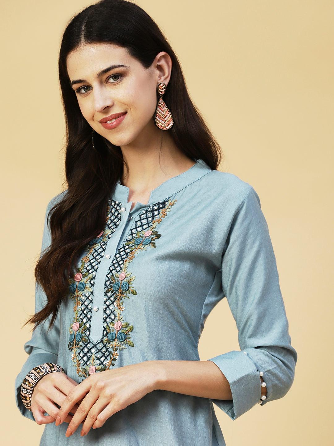 Solid Resham French Knot & Sequins Embroidered Kurta - Powder Blue - Indiakreations