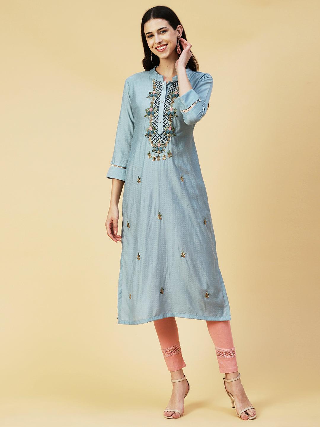 Solid Resham French Knot & Sequins Embroidered Kurta - Powder Blue - Indiakreations