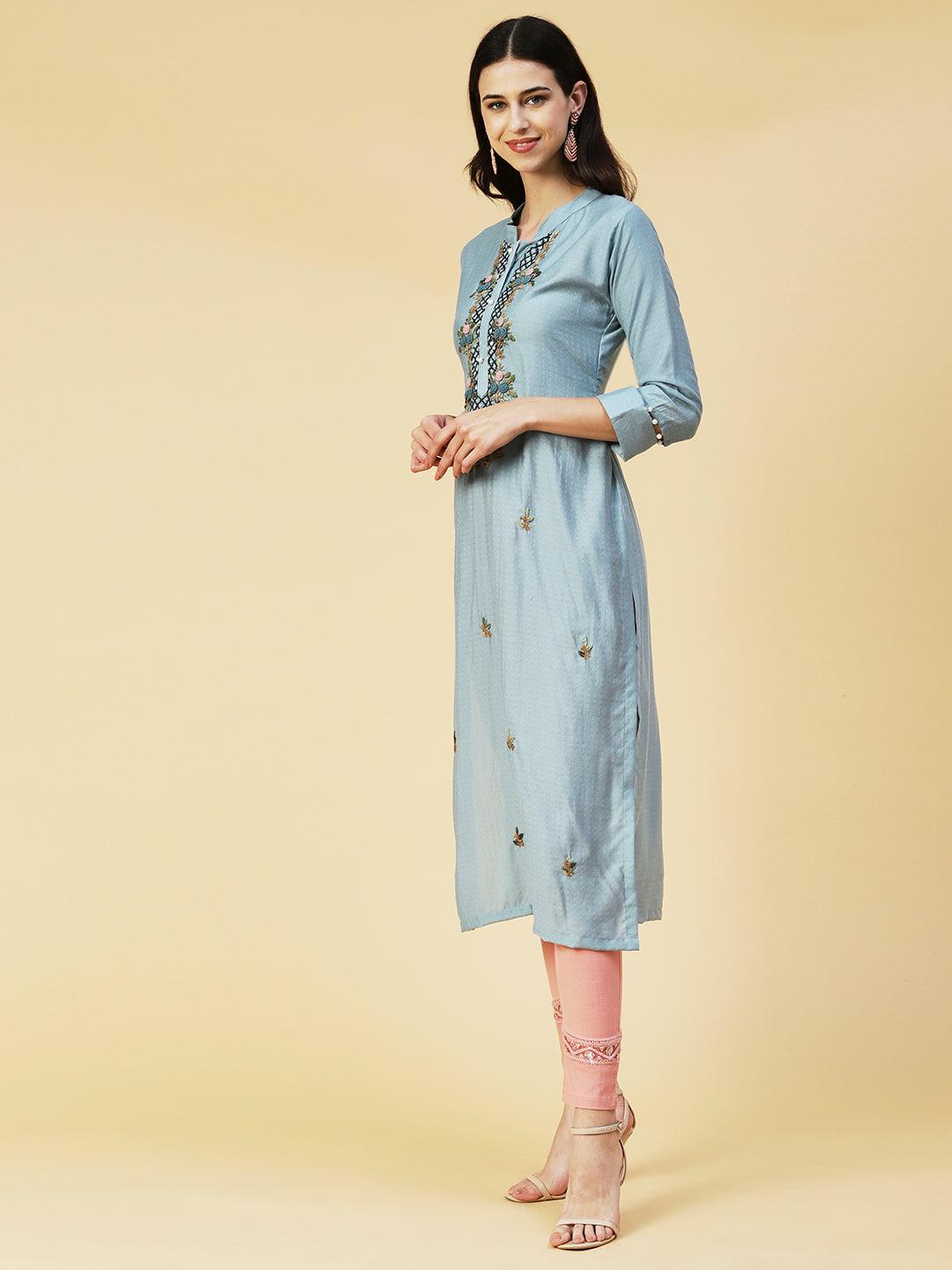 Solid Resham French Knot & Sequins Embroidered Kurta - Powder Blue - Indiakreations