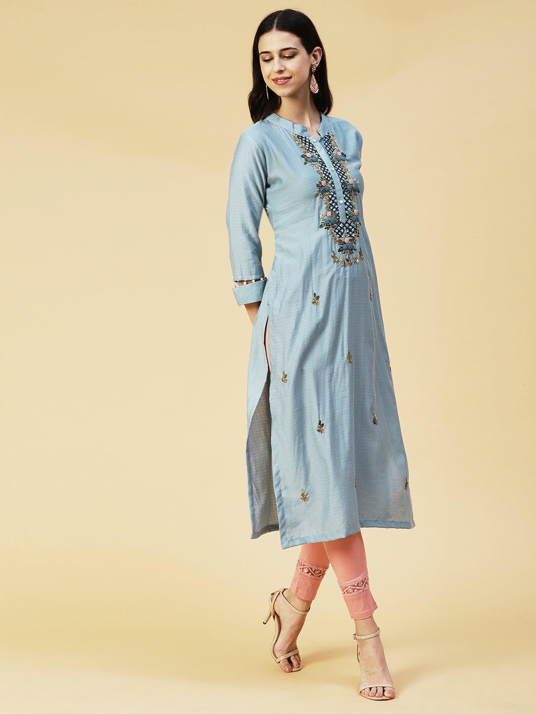 Solid Resham French Knot & Sequins Embroidered Kurta - Powder Blue - Indiakreations