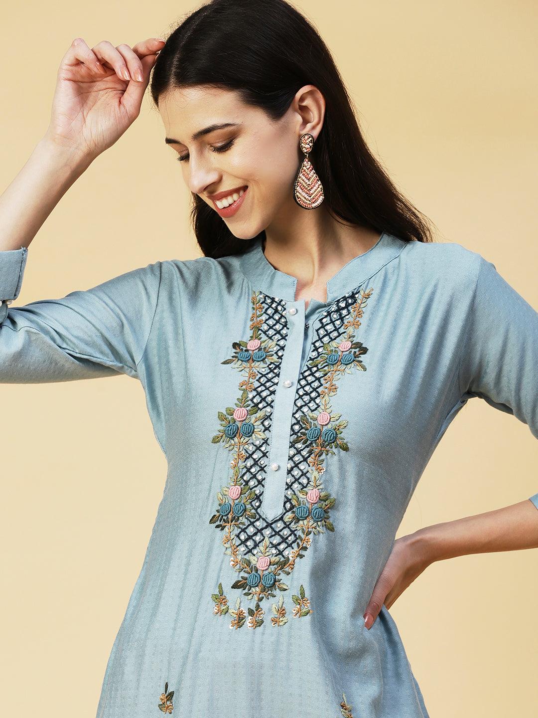 Solid Resham French Knot & Sequins Embroidered Kurta - Powder Blue - Indiakreations