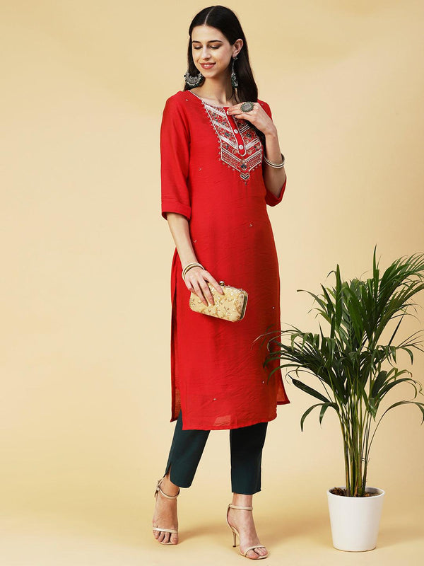 Solid Hand Embroidered Kurta - Red - Indiakreations