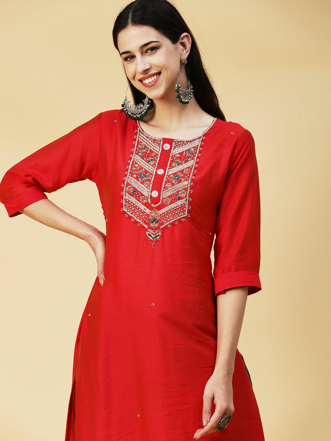 Solid Hand Embroidered Kurta - Red - Indiakreations