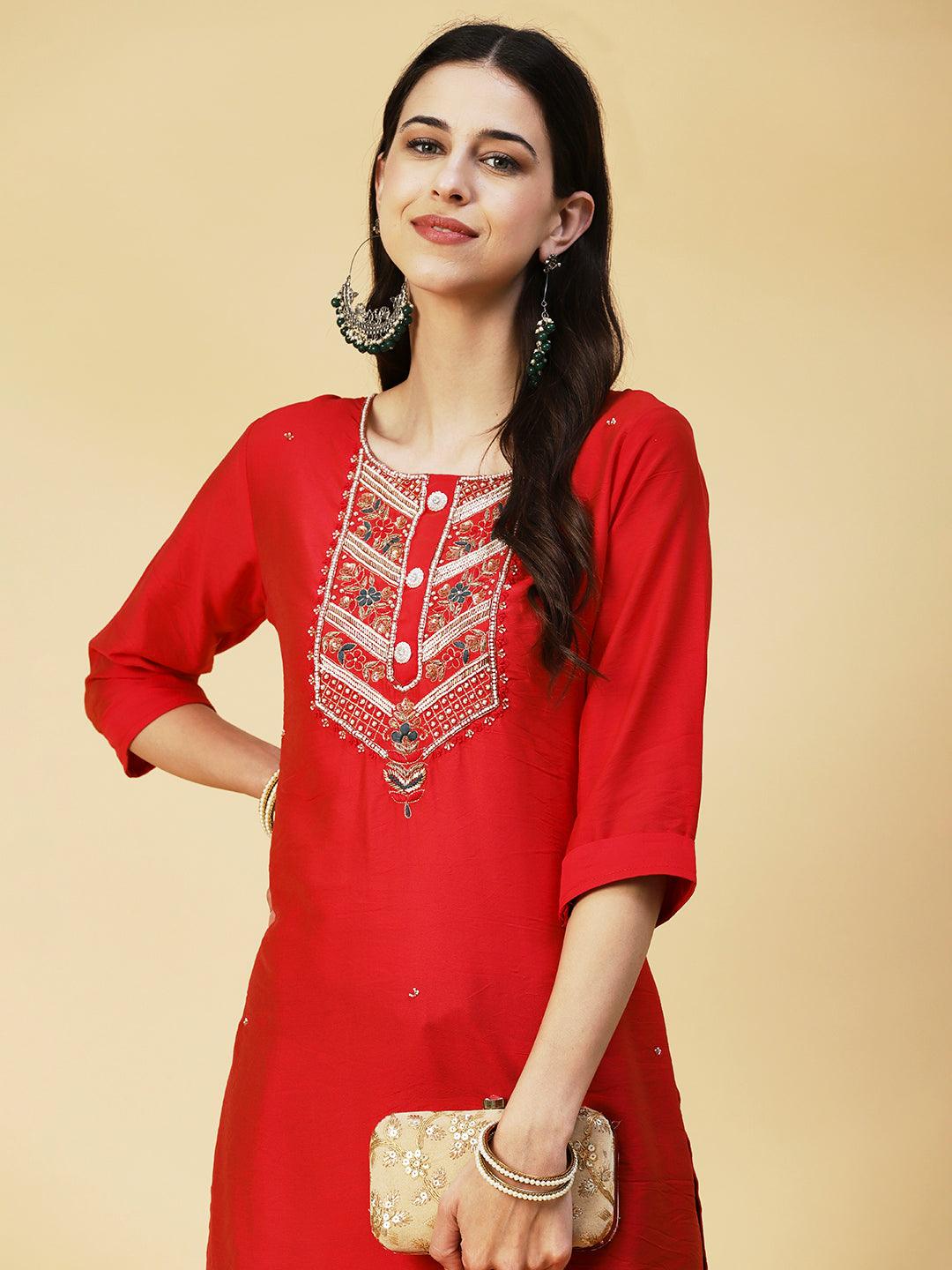 Solid Hand Embroidered Kurta - Red - Indiakreations