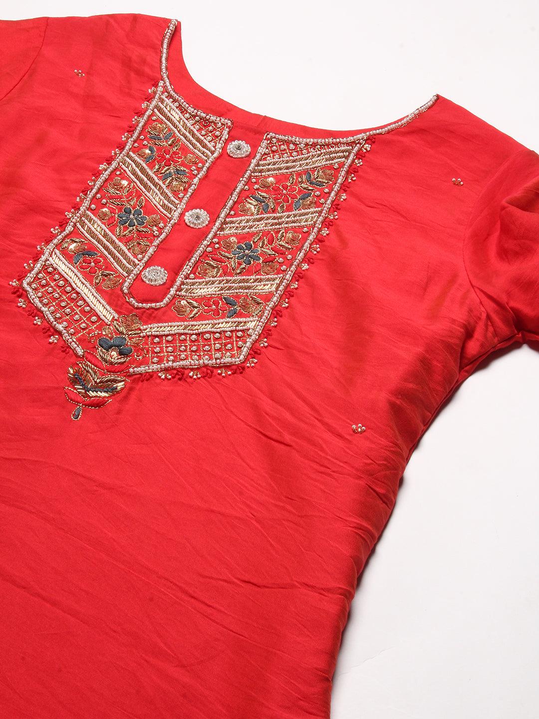 Solid Hand Embroidered Kurta - Red - Indiakreations