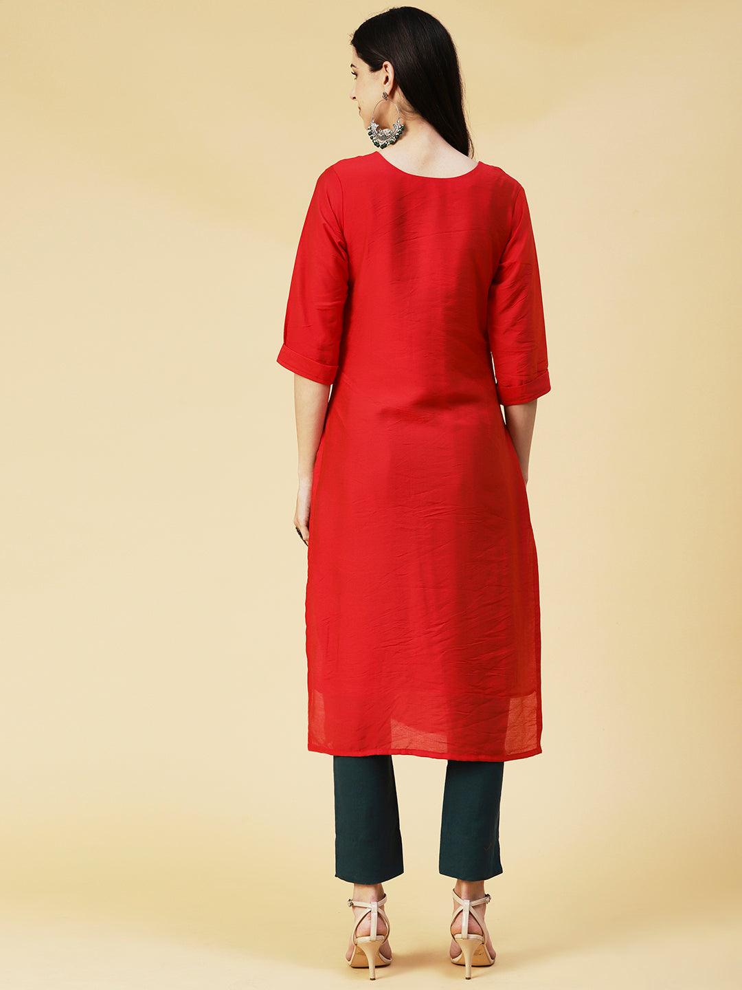 Solid Hand Embroidered Kurta - Red - Indiakreations