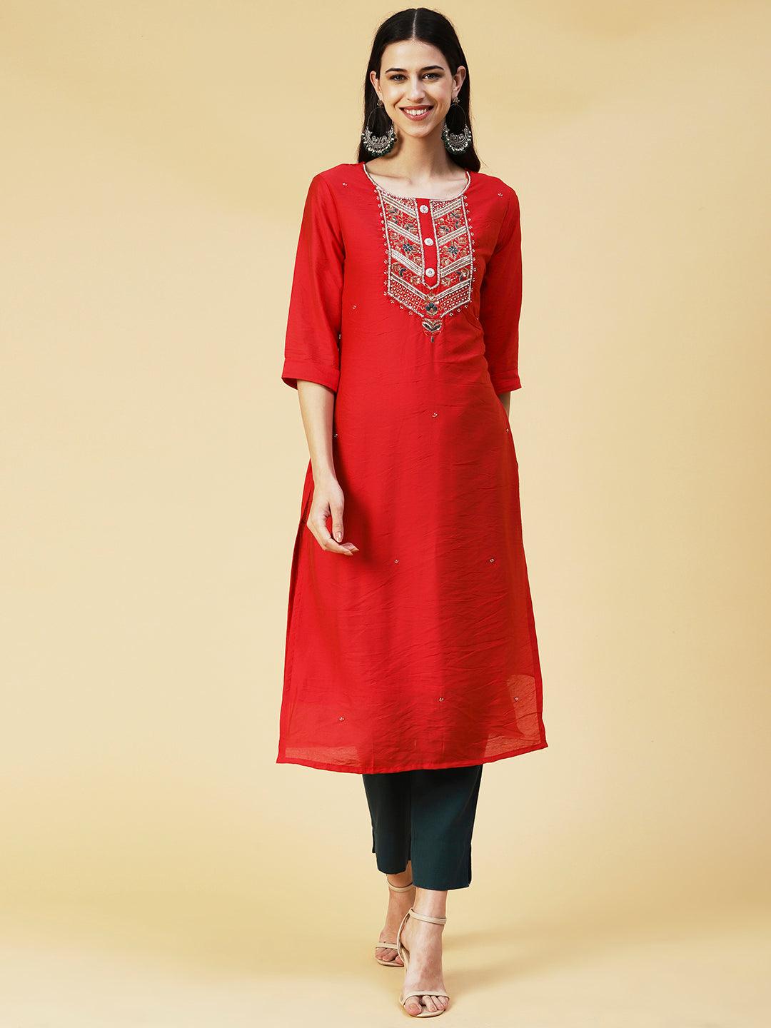 Solid Hand Embroidered Kurta - Red - Indiakreations