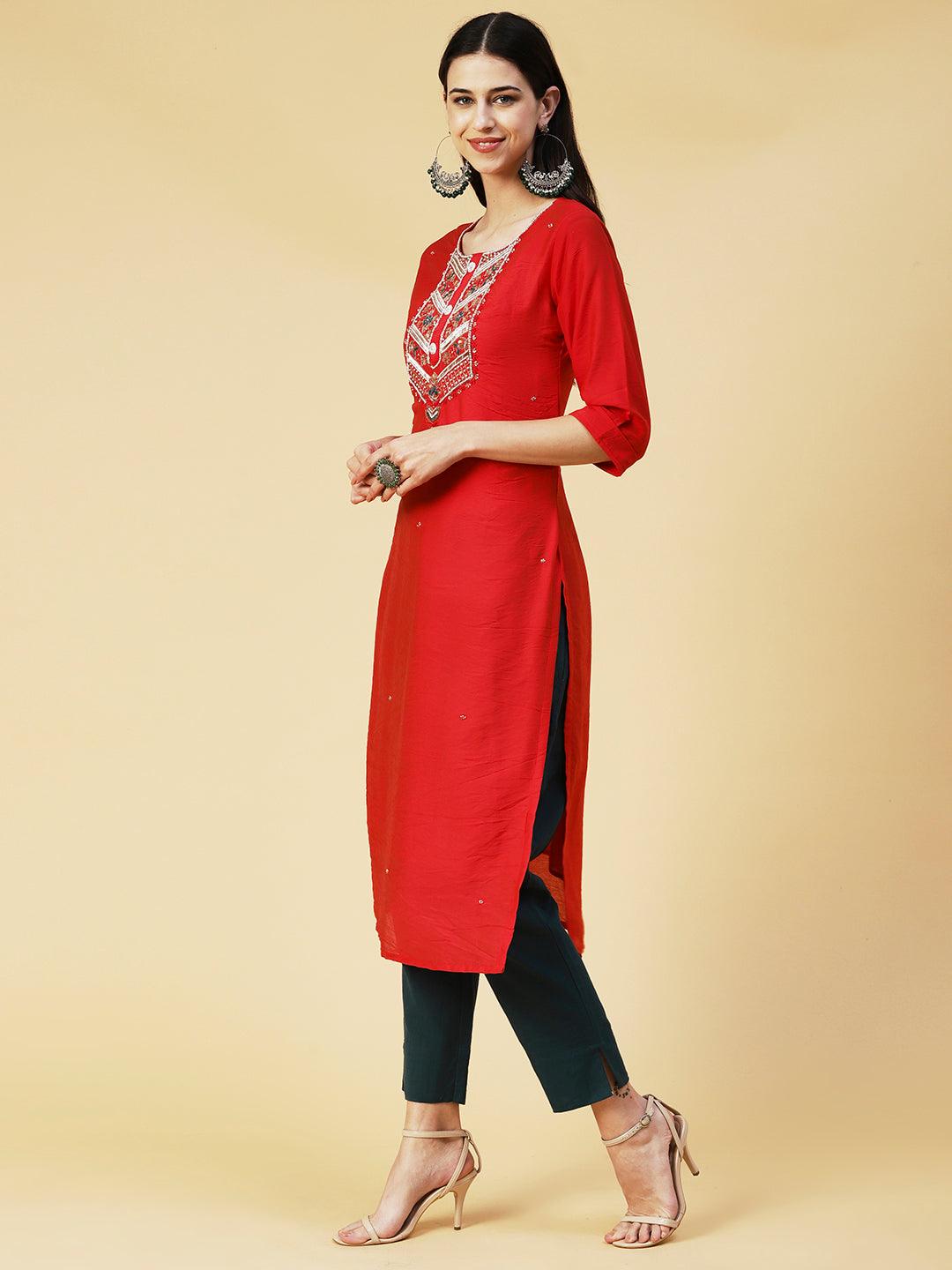 Solid Hand Embroidered Kurta - Red - Indiakreations