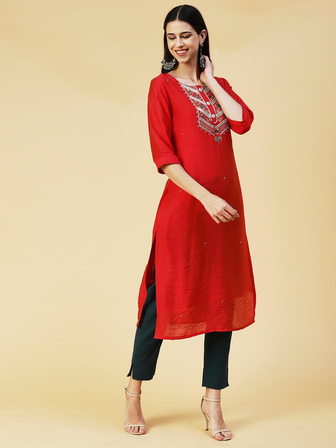 Solid Hand Embroidered Kurta - Red - Indiakreations