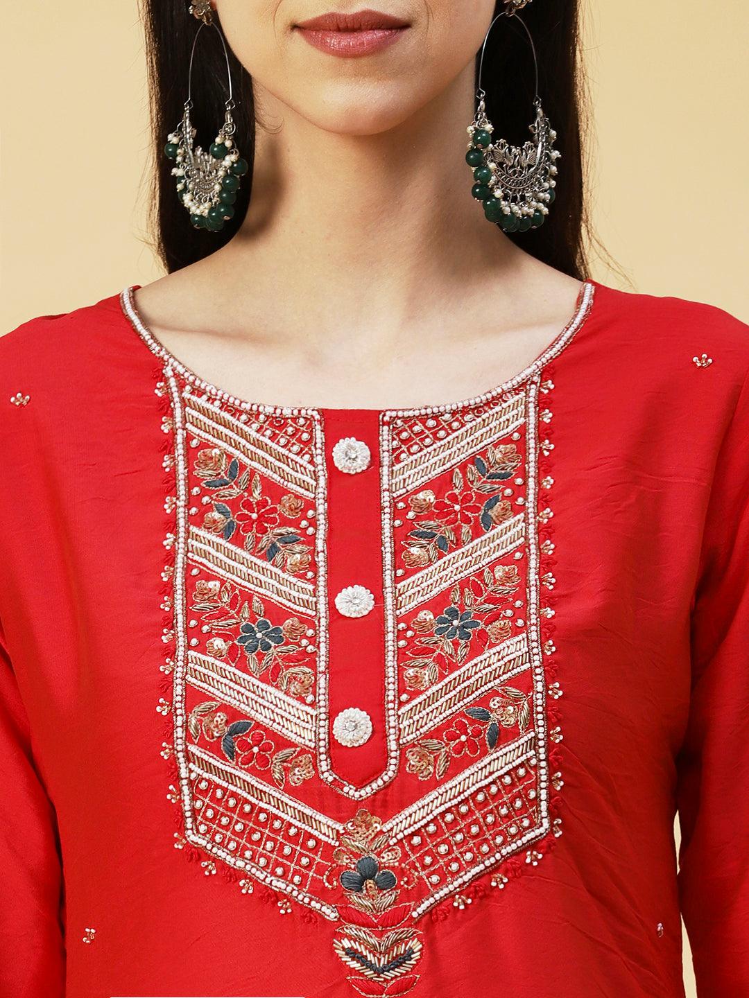 Solid Hand Embroidered Kurta - Red - Indiakreations