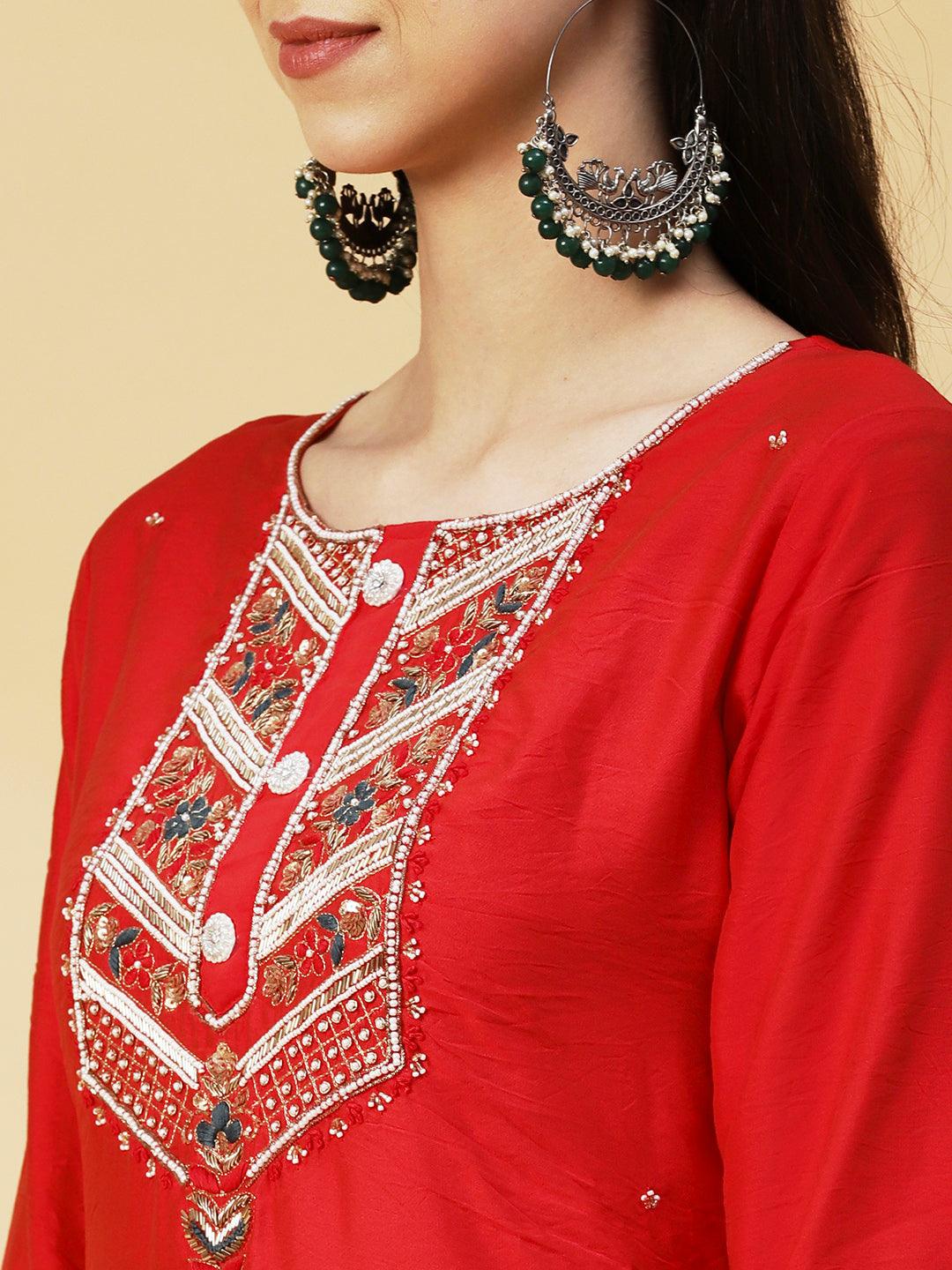 Solid Hand Embroidered Kurta - Red - Indiakreations