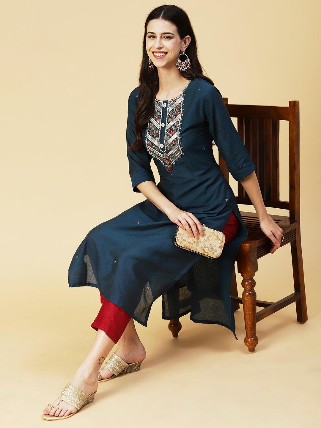 Solid Hand Embroidered Kurta - Teal - Indiakreations