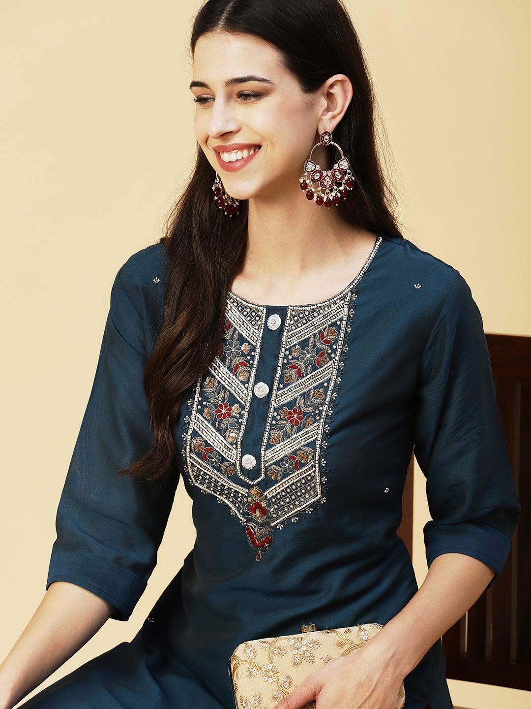 Solid Hand Embroidered Kurta - Teal - Indiakreations