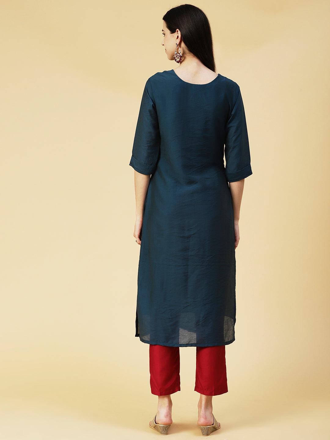 Solid Hand Embroidered Kurta - Teal - Indiakreations