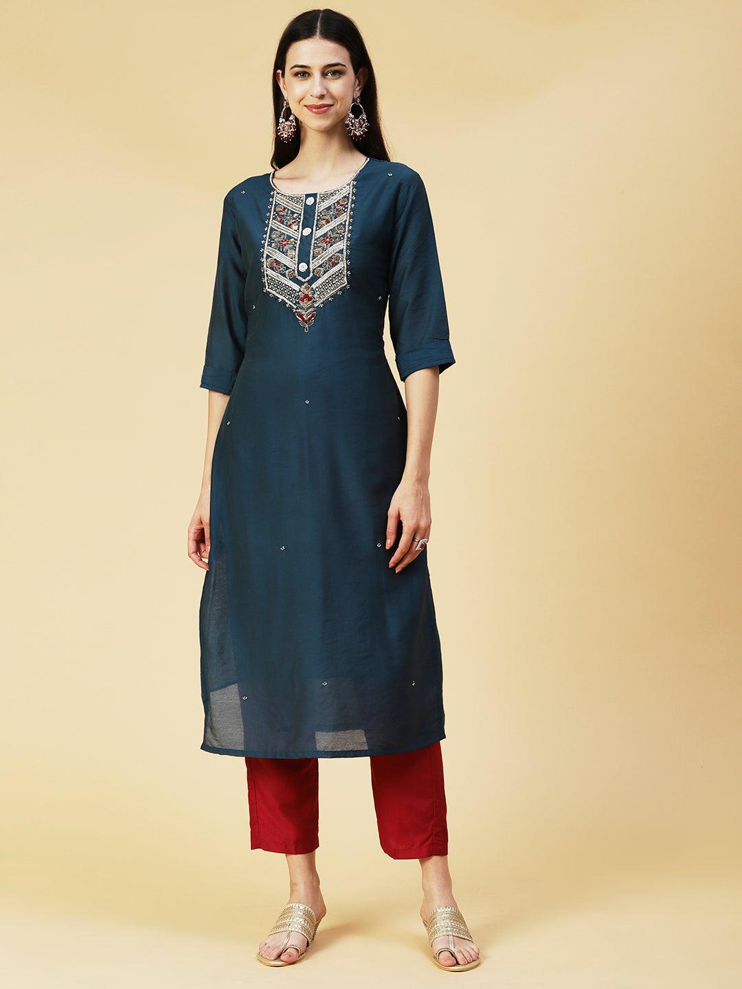 Solid Hand Embroidered Kurta - Teal - Indiakreations