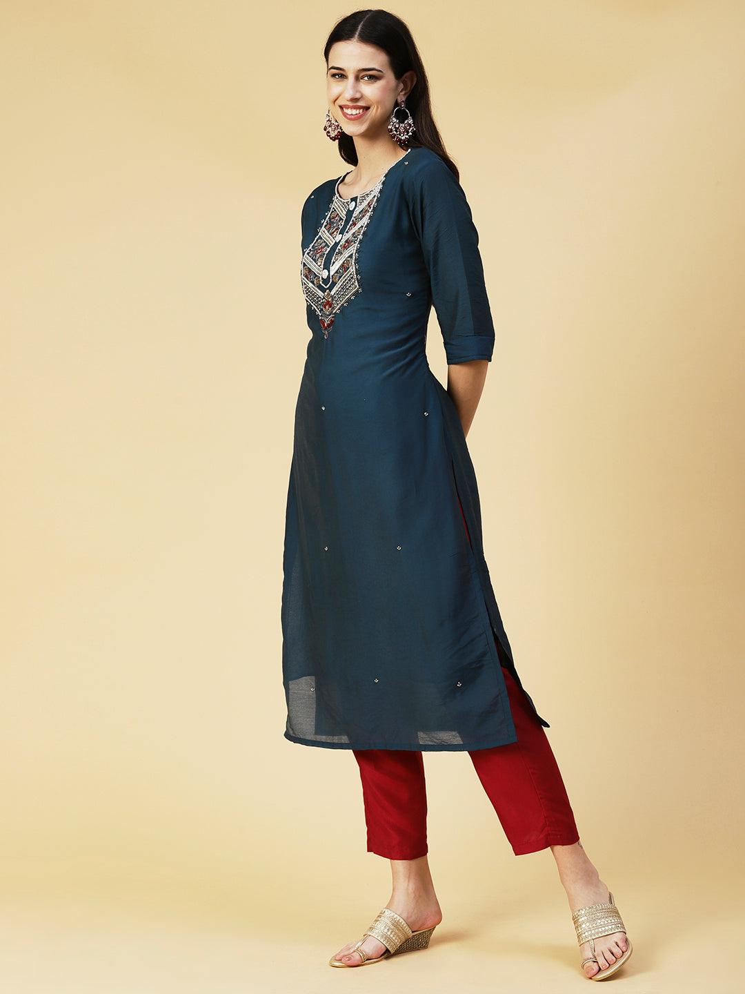 Solid Hand Embroidered Kurta - Teal - Indiakreations