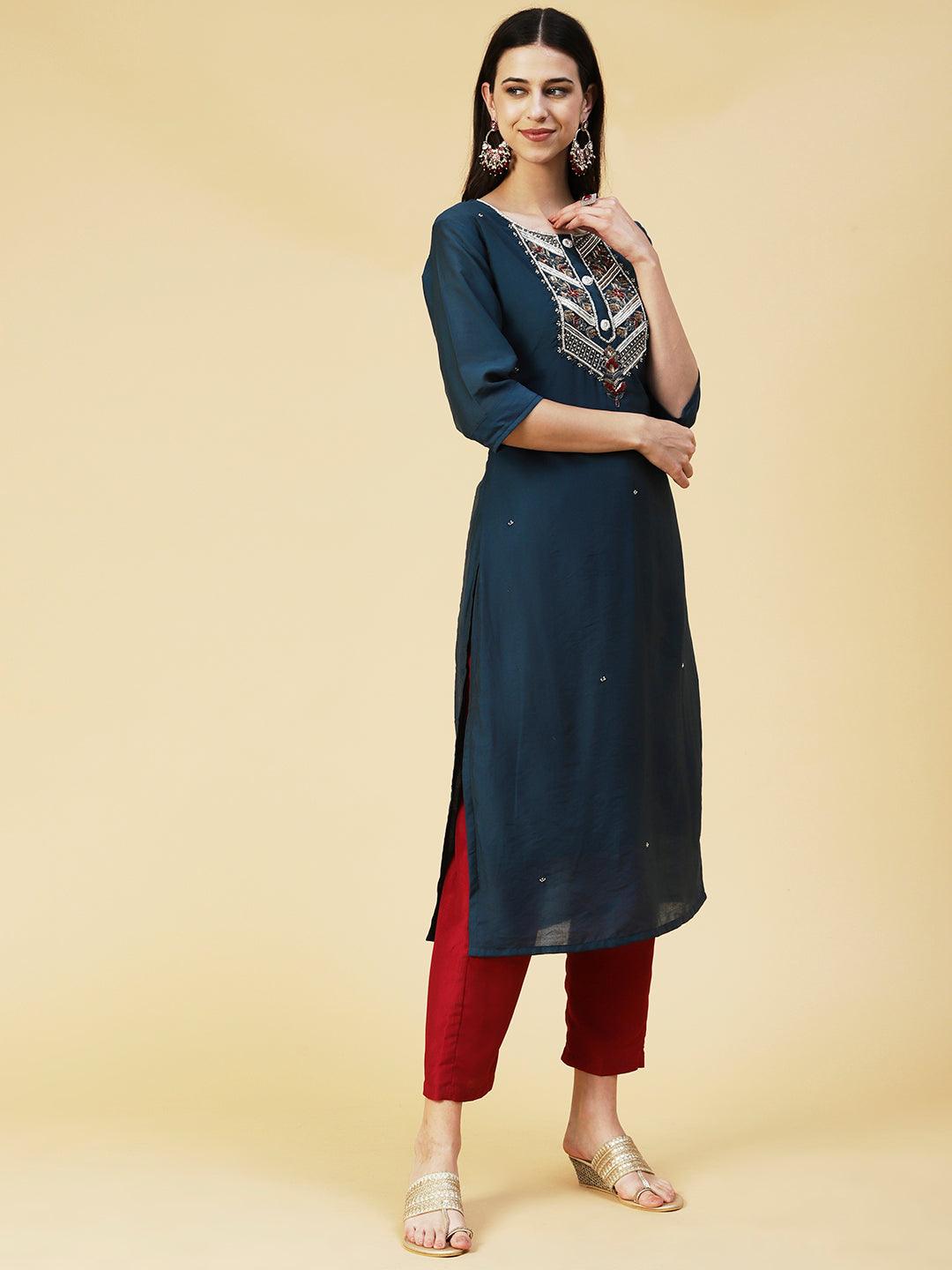 Solid Hand Embroidered Kurta - Teal - Indiakreations