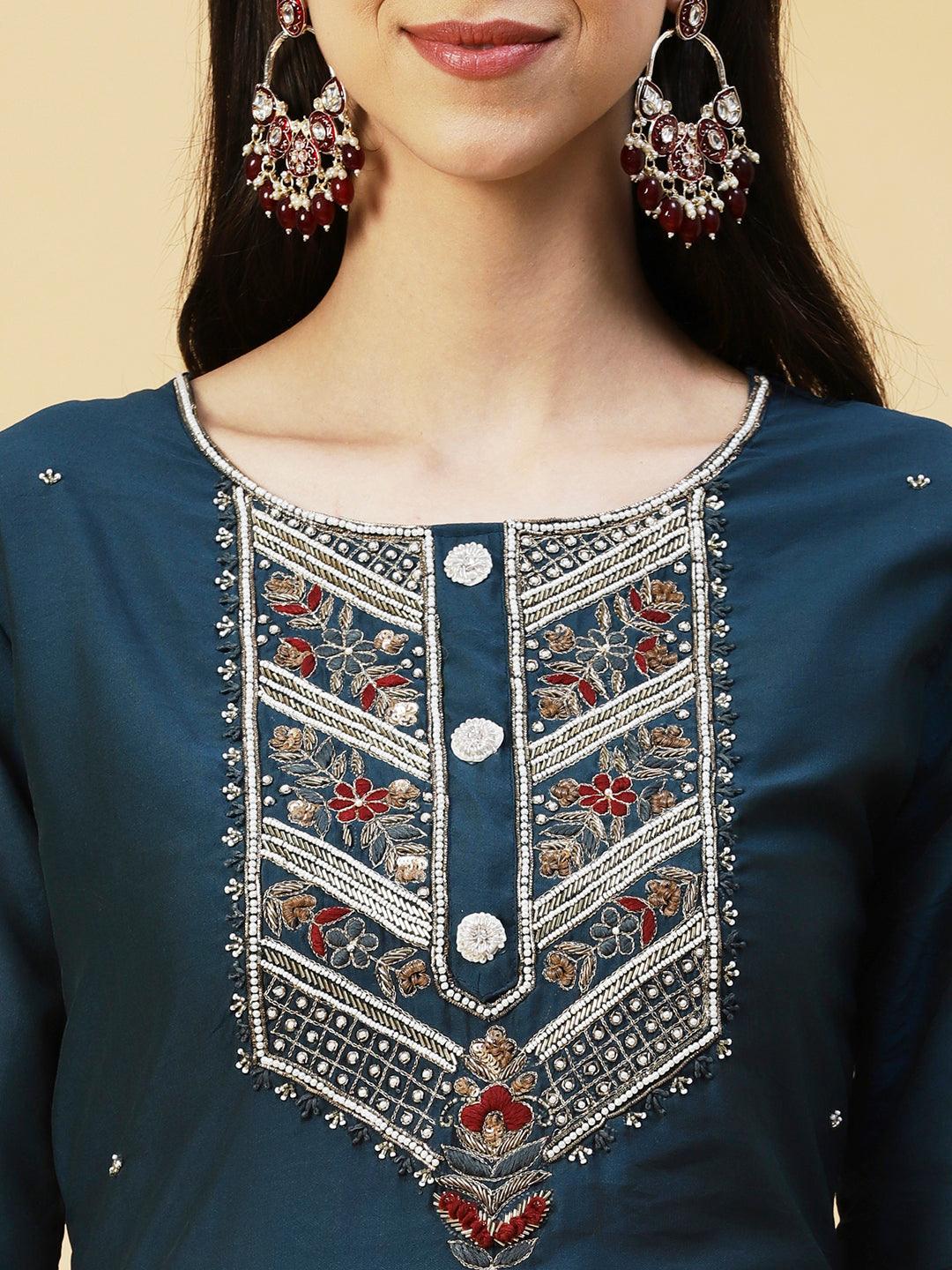 Solid Hand Embroidered Kurta - Teal - Indiakreations