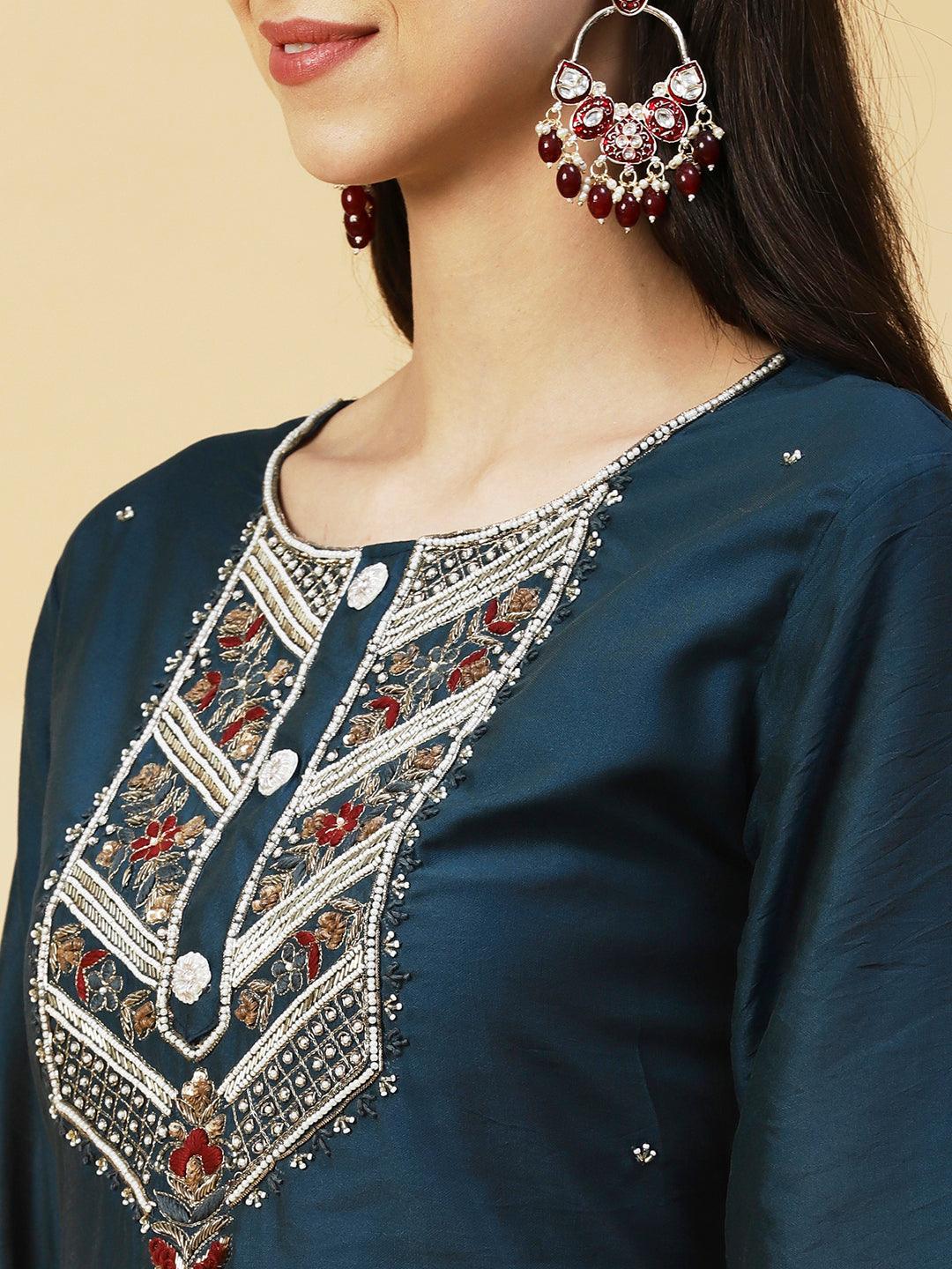 Solid Hand Embroidered Kurta - Teal - Indiakreations