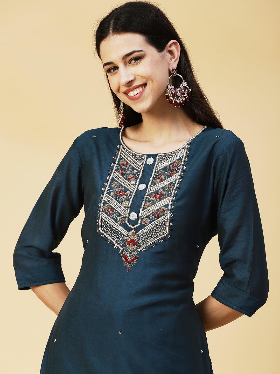 Solid Hand Embroidered Kurta - Teal - Indiakreations