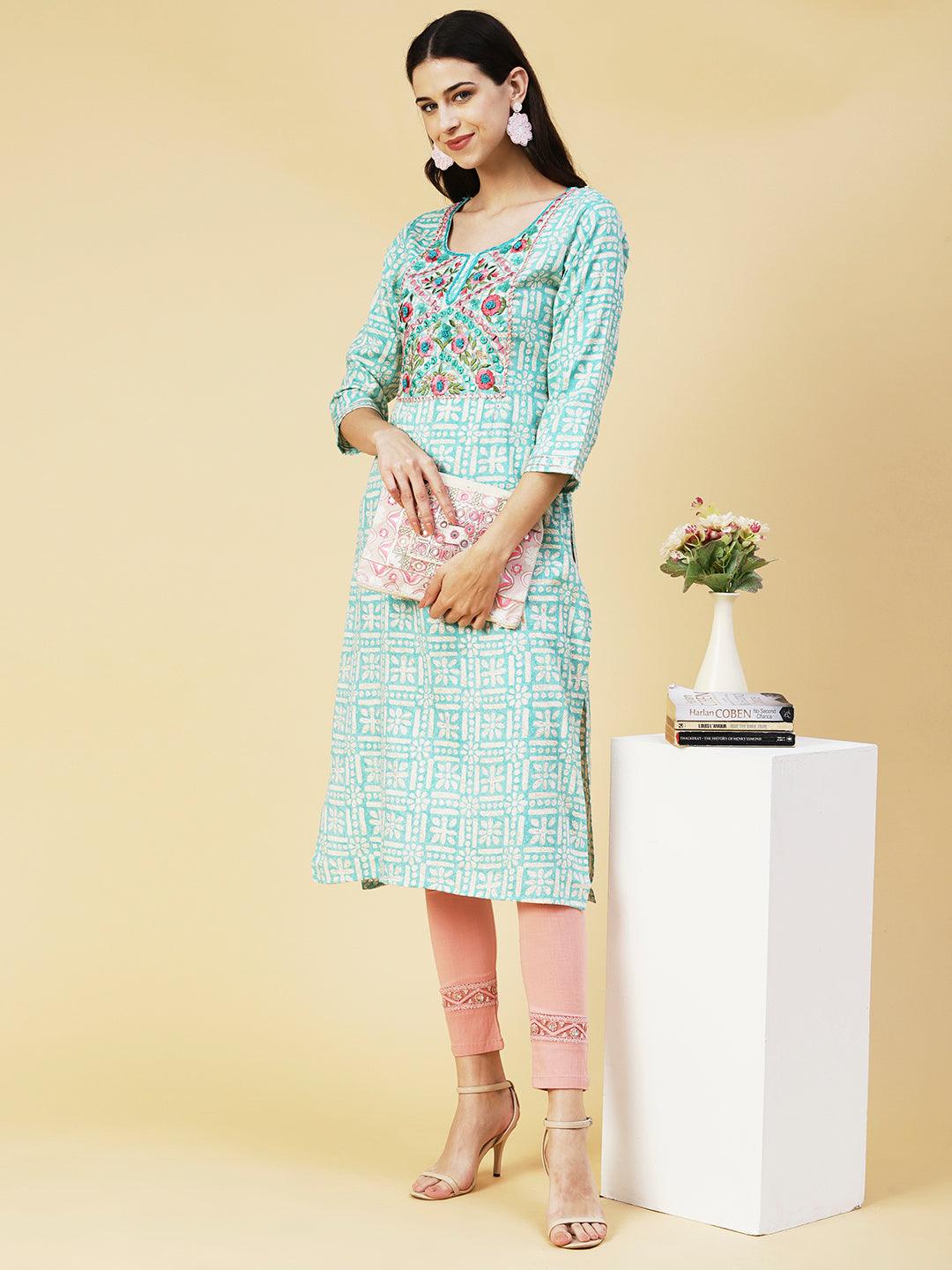 Abstract Printed Mirror Embroidered Kurta - Sea Green - Indiakreations