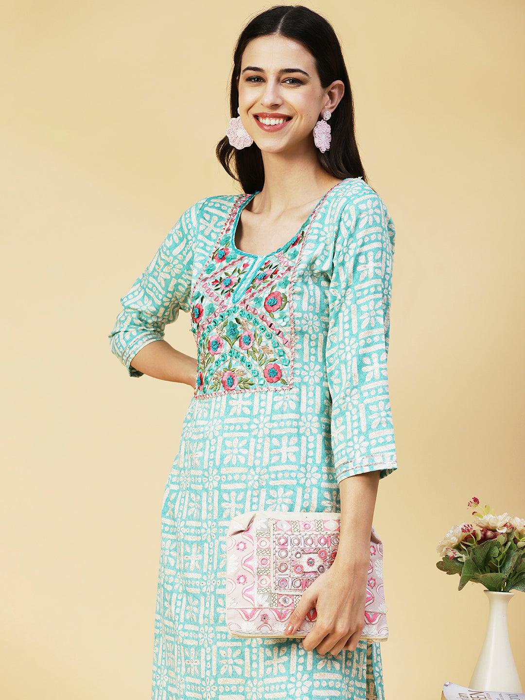 Abstract Printed Mirror Embroidered Kurta - Sea Green - Indiakreations