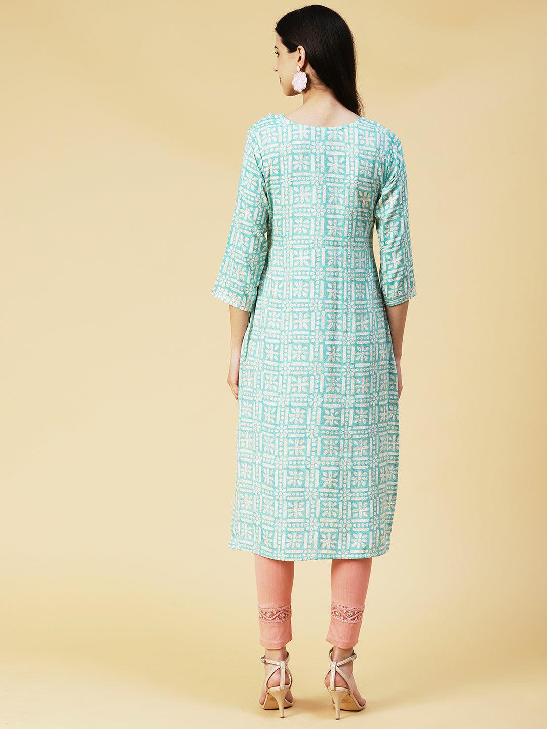 Abstract Printed Mirror Embroidered Kurta - Sea Green - Indiakreations