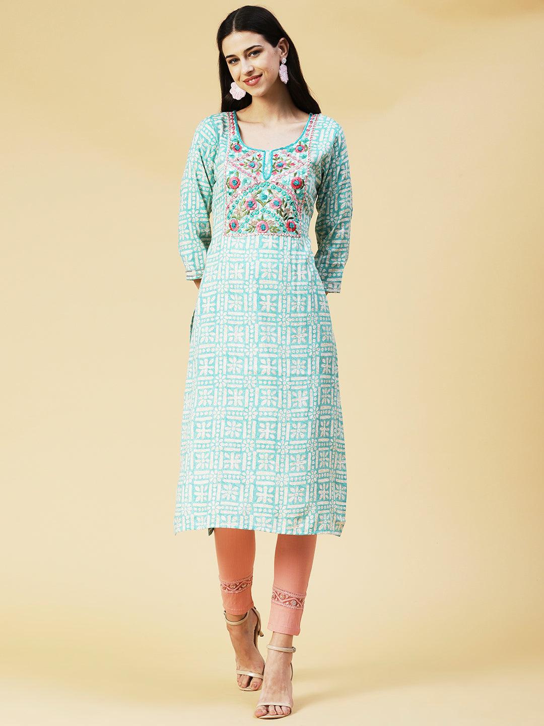 Abstract Printed Mirror Embroidered Kurta - Sea Green - Indiakreations