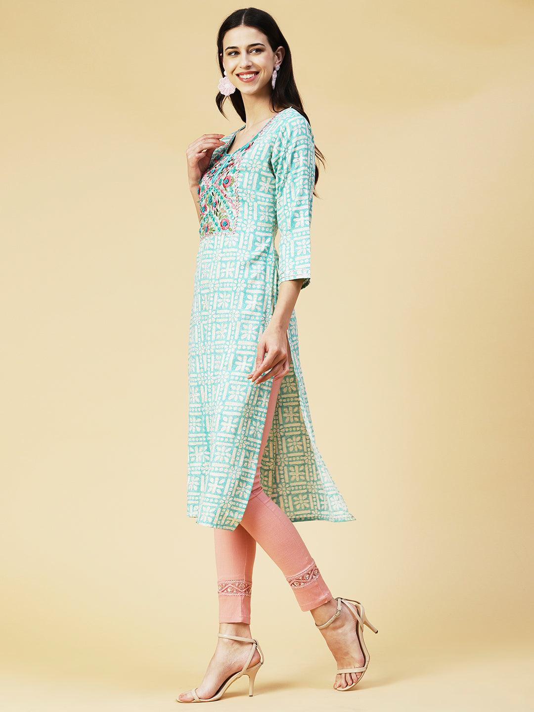 Abstract Printed Mirror Embroidered Kurta - Sea Green - Indiakreations