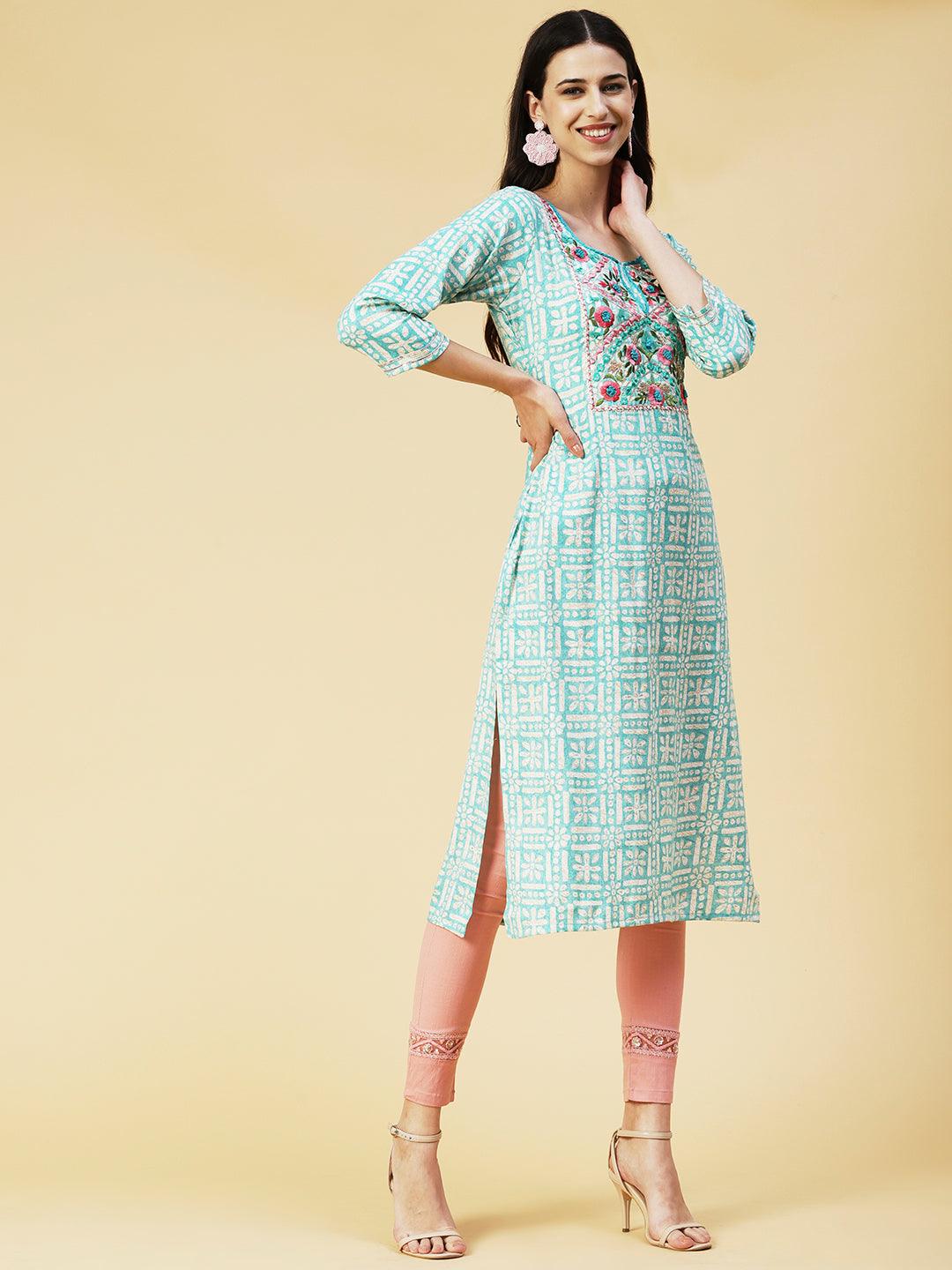 Abstract Printed Mirror Embroidered Kurta - Sea Green - Indiakreations