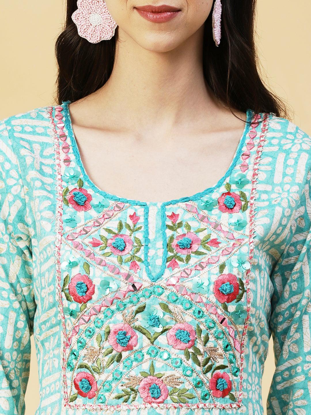 Abstract Printed Mirror Embroidered Kurta - Sea Green - Indiakreations