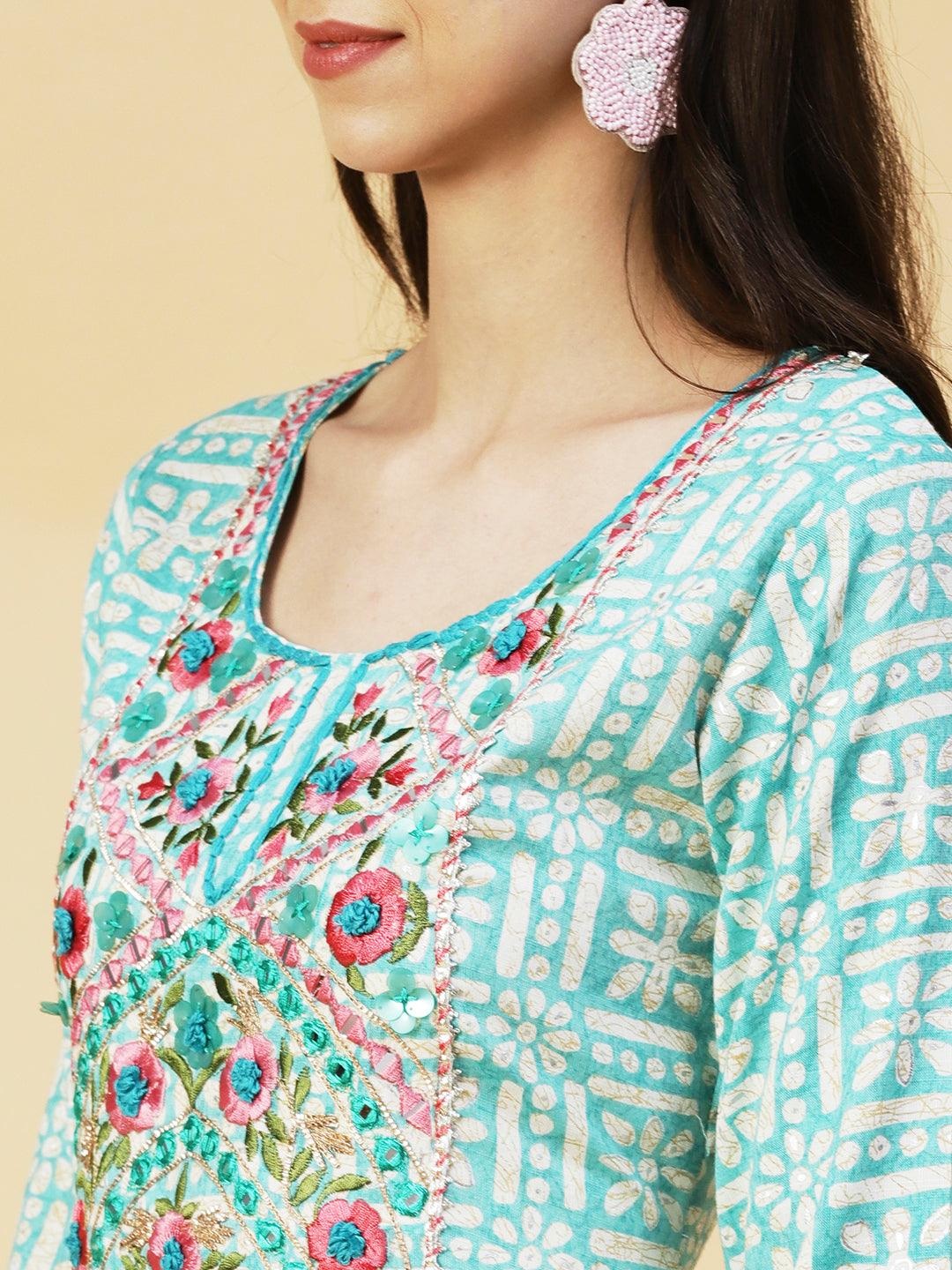 Abstract Printed Mirror Embroidered Kurta - Sea Green - Indiakreations