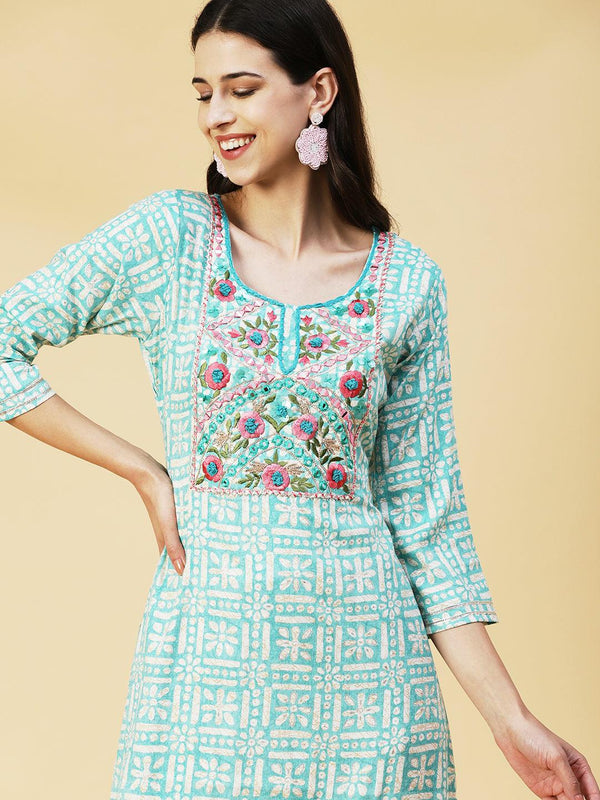 Abstract Printed Mirror Embroidered Kurta - Sea Green - Indiakreations