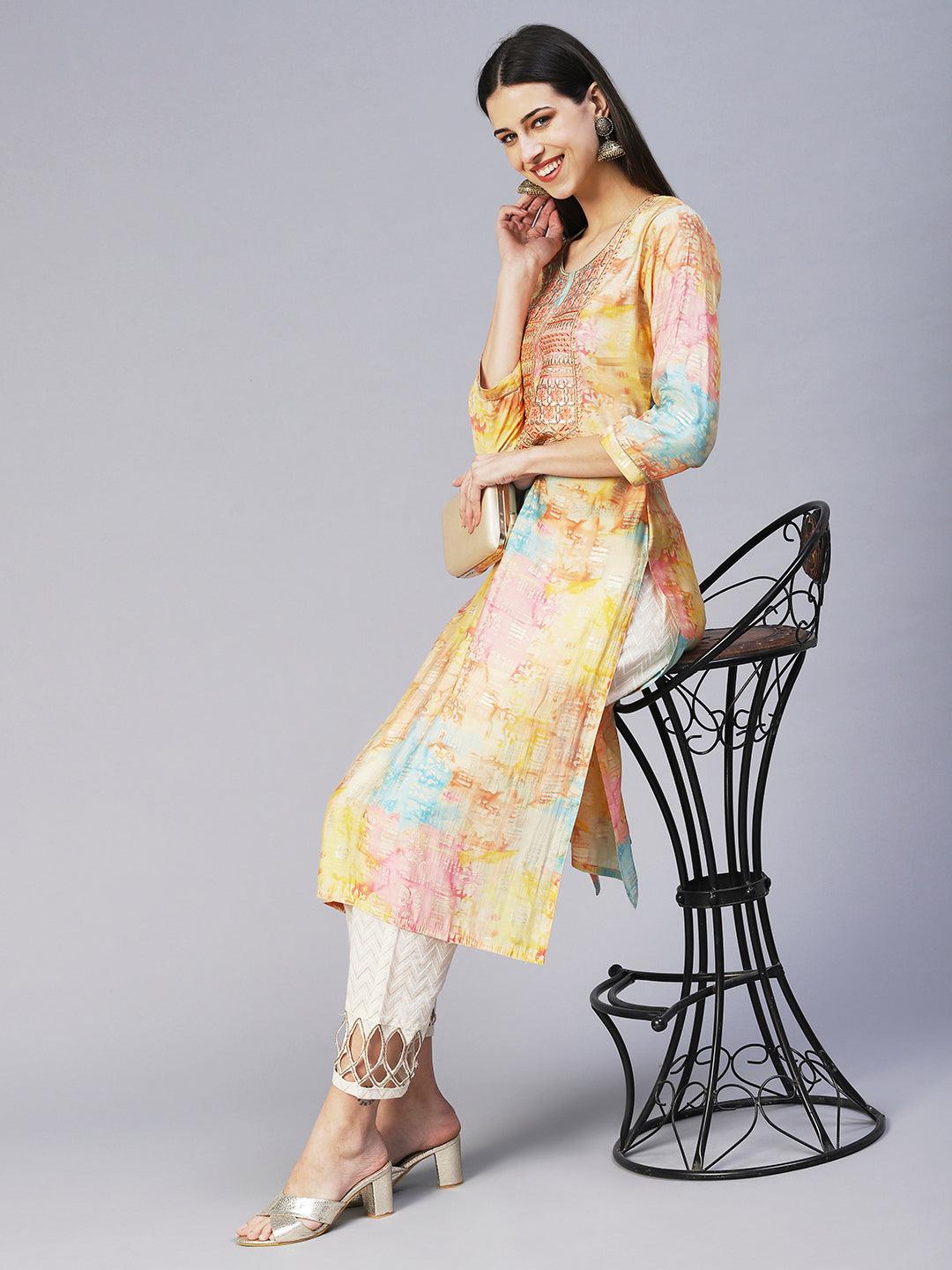 Abstract Printed & Embroidered Straight Fit Kurta - Multi - Indiakreations