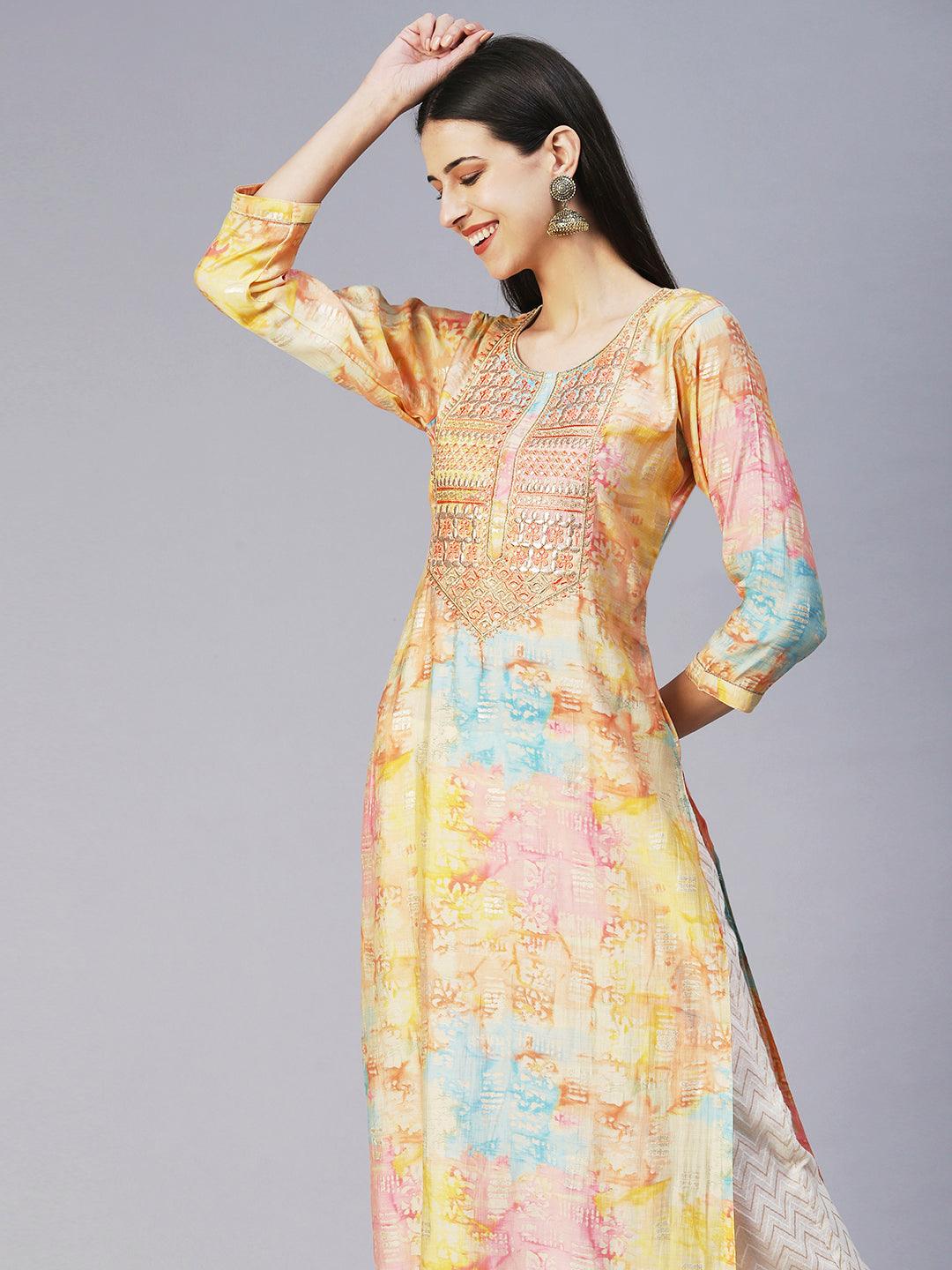 Abstract Printed & Embroidered Straight Fit Kurta - Multi - Indiakreations