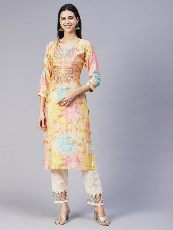 Abstract Printed & Embroidered Straight Fit Kurta - Multi - Indiakreations