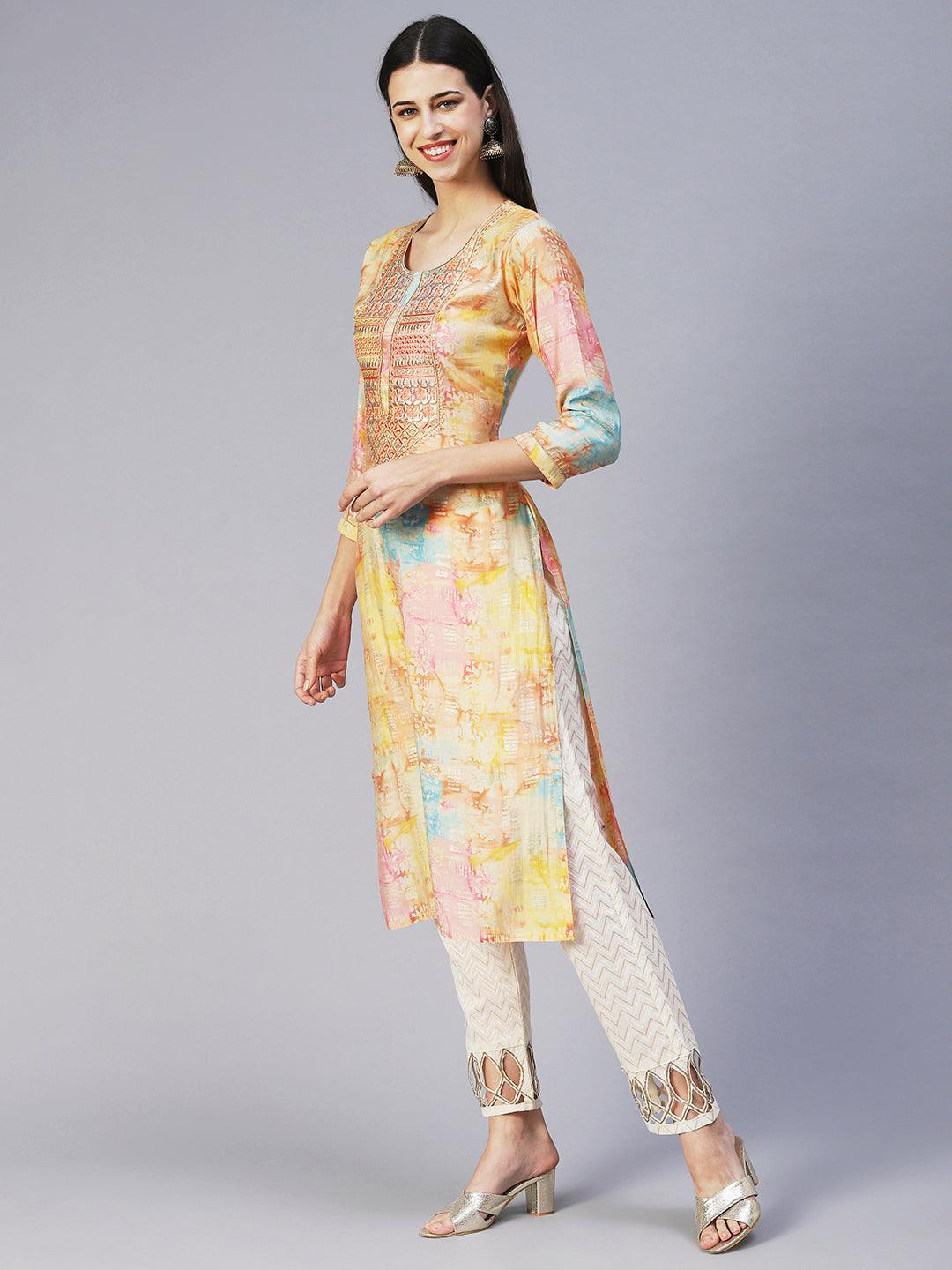 Abstract Printed & Embroidered Straight Fit Kurta - Multi - Indiakreations