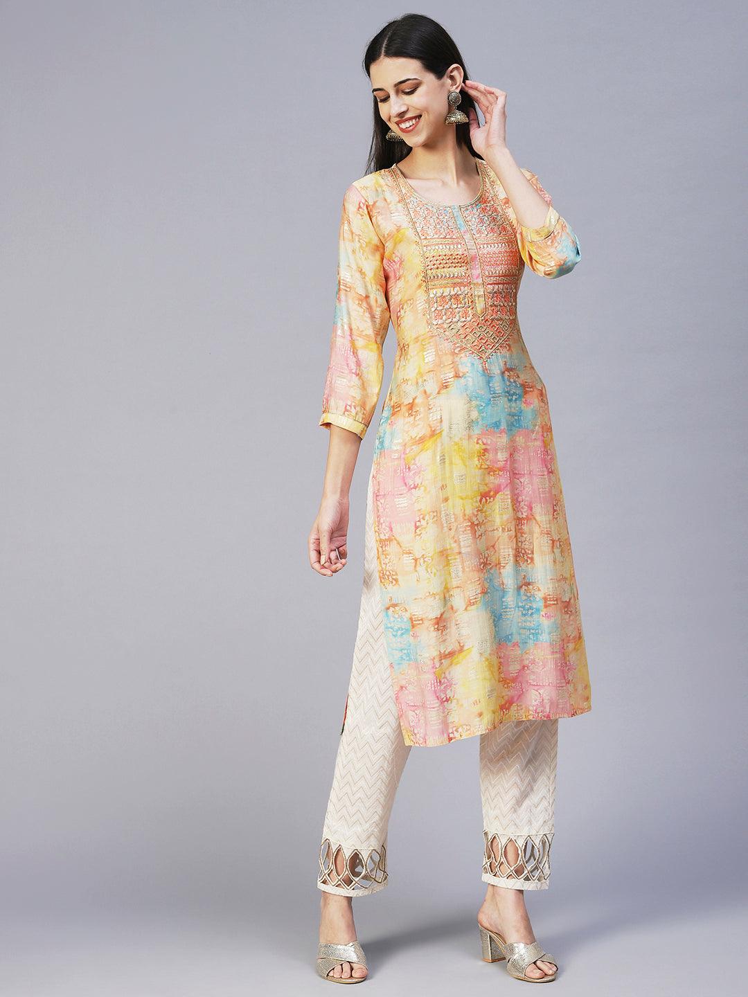 Abstract Printed & Embroidered Straight Fit Kurta - Multi - Indiakreations